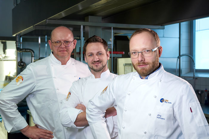 LSG Sky Chefs Blog Culinary Excellence Alois Strobl (left), Stefan Grammel (middle) Jörg Hoffmann (right) during Test Cooking for WTCE