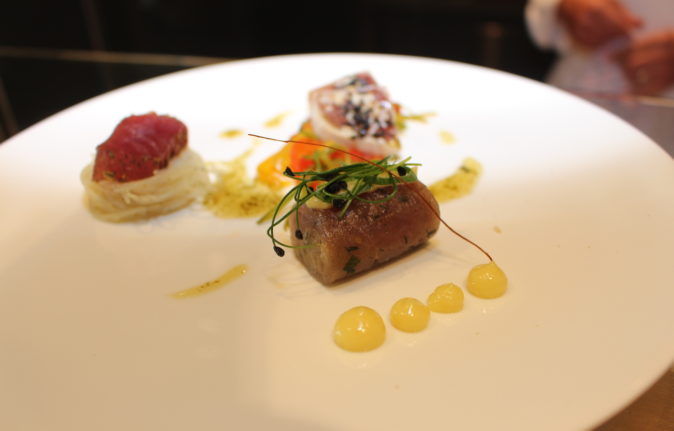 Harald Wohlfahrt cooking at Lufthansa First Class Lounge in Munich, tuna, tatar, starter