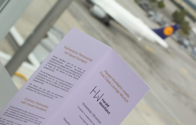 Harald Wohlfahrt cooking at Lufthansa First Class Lounge in Munich, menu
